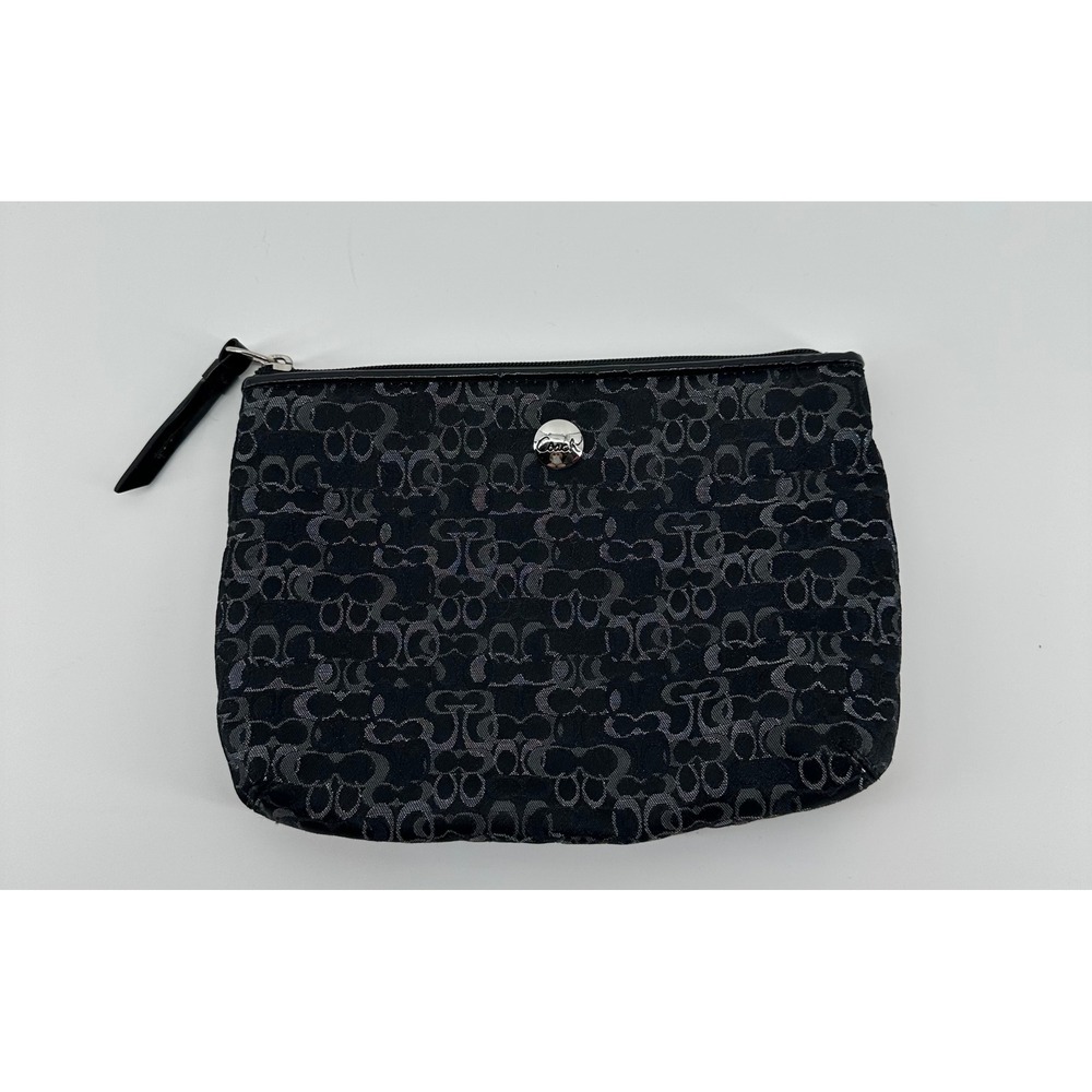 Coach Signature Jacquard Cosmetic Pouch Black Silver Logo Zip Top Makeup Bag
